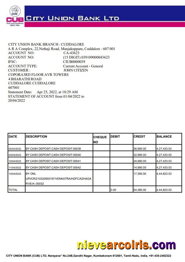 India City Union Bank statement